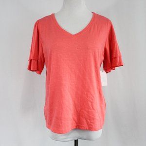 Time and Tru Flutter Sleeve V-Neck Top Size S (4-6) Orange Short Sleeve Knit